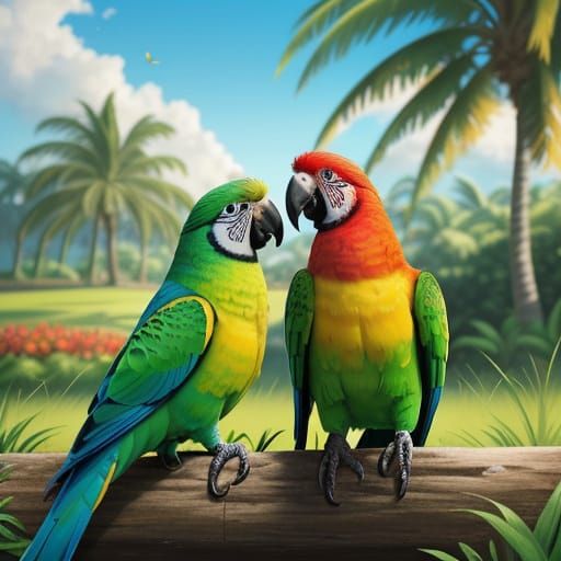 Parrots Eating Seeds in Vibrant Digital Oil Painting