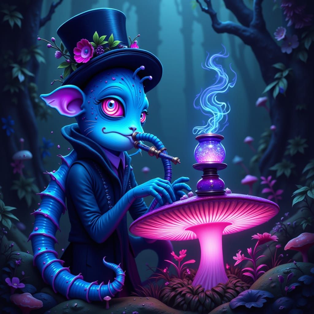 Blue Caterpillar from Alice in Wonderland smoking an intricate bubbling hookah perched upon a luminous bioluminescent glowing neon colorful ...