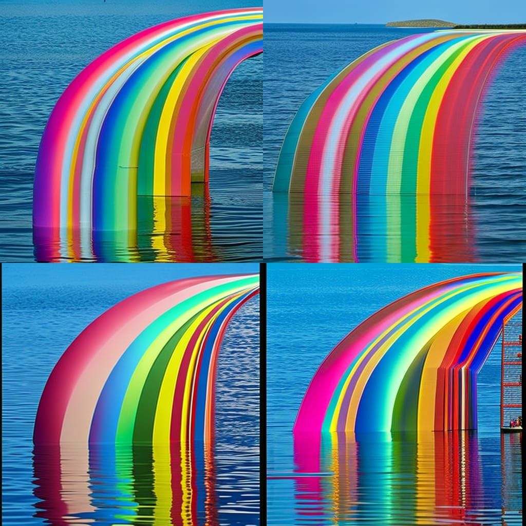 A rainbow over a lake.