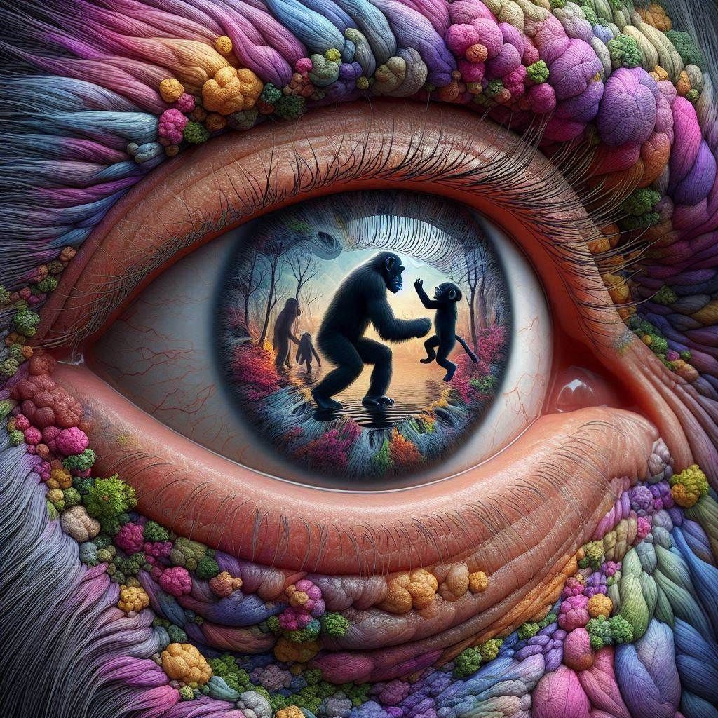 Surreal eye depicting Monkeys playing
