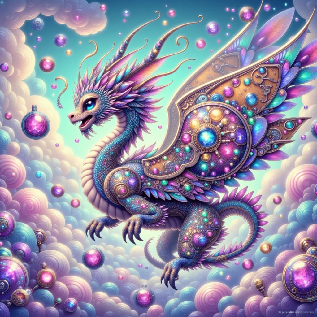 Highly creative, surrealism. A clockwork dragon with iridescent scales and gears visible, flying through a sky filled with oversized, floati...