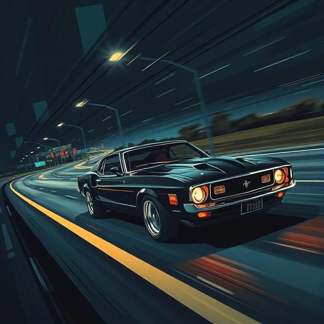 A VINTAGE BLACK 1969 FORD MUSTANG SPEEDING ON THE HIGHWAY AT NIGHT.