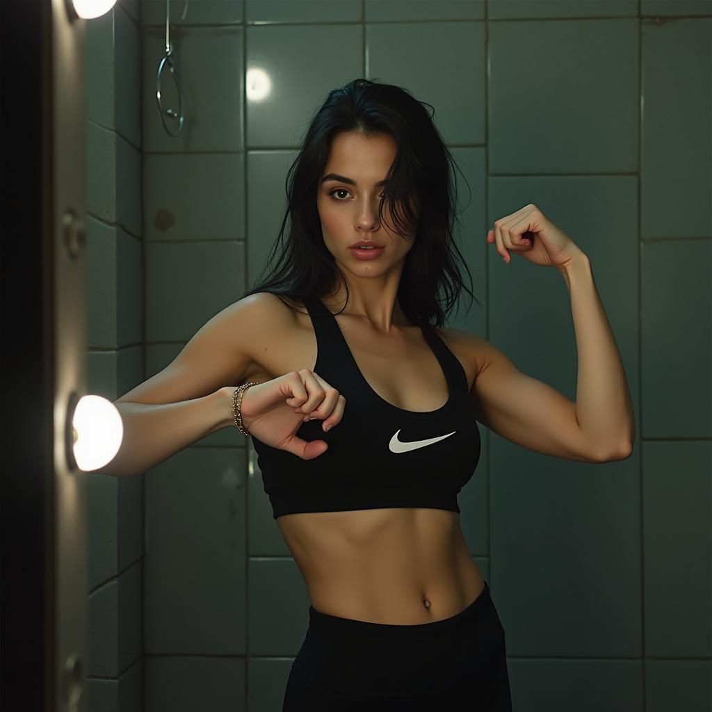 Young, attractive, 20 year old white woman with black hair. Mirror selfie. She is wearing nike gym clothing and flexing her bicep. The photo...