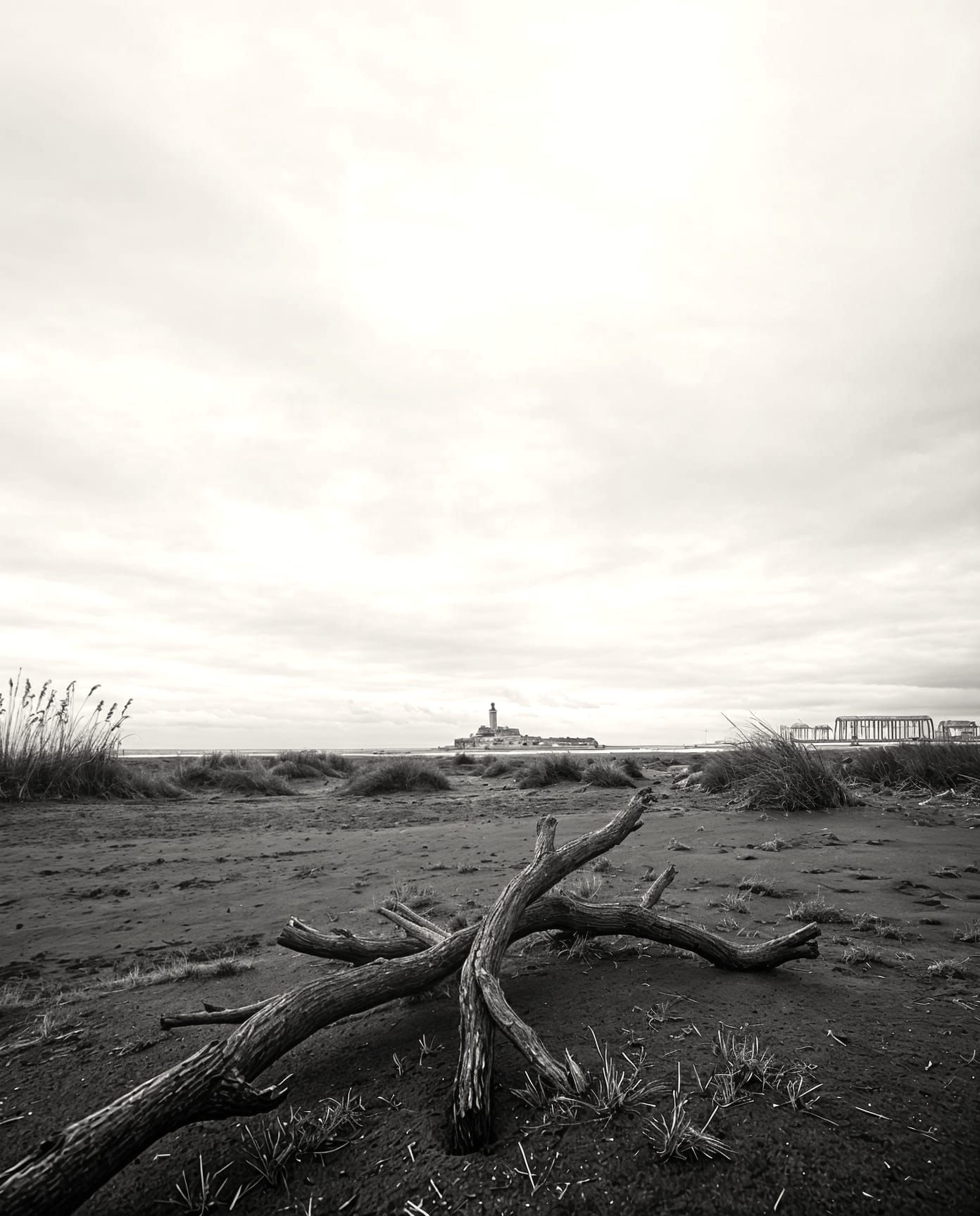 A small, distant lighthouse