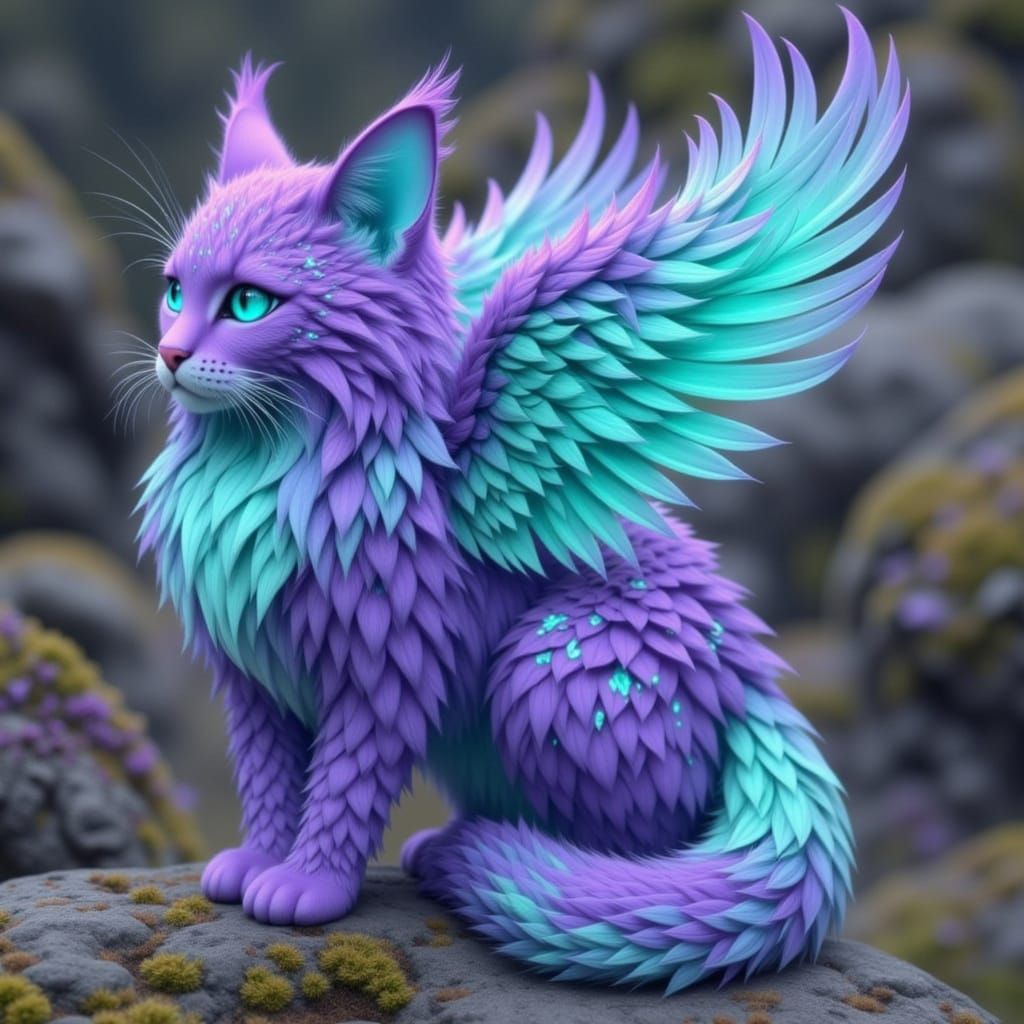 <lora:Pure Fantasy Cats:1.0> Fantasy art style. A fantasy cat made out of lavender and turquoise feathers