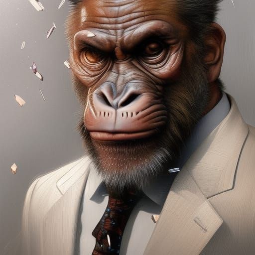 Ape in suit 5D,5D lighting,surreal fantasy art,detailed face
