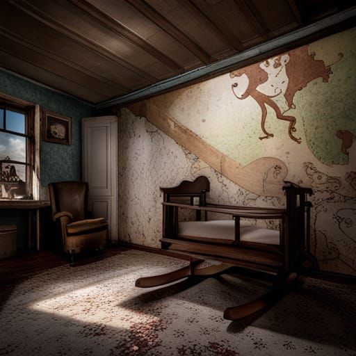 old victorian nursery bedroom, abandoned, wallpaper ripped o...