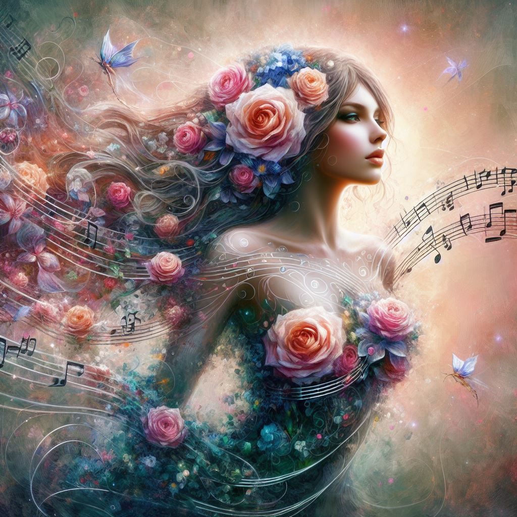 The Woman Wrapped by Music Notes