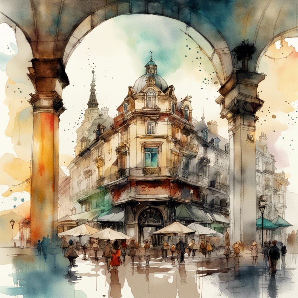watercolor art unique watercolor creations  vibrant colors, flowing strokes, a city square with cafes ... false