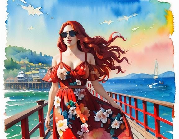 A very beautiful woman, with long red hair  standing on the ...