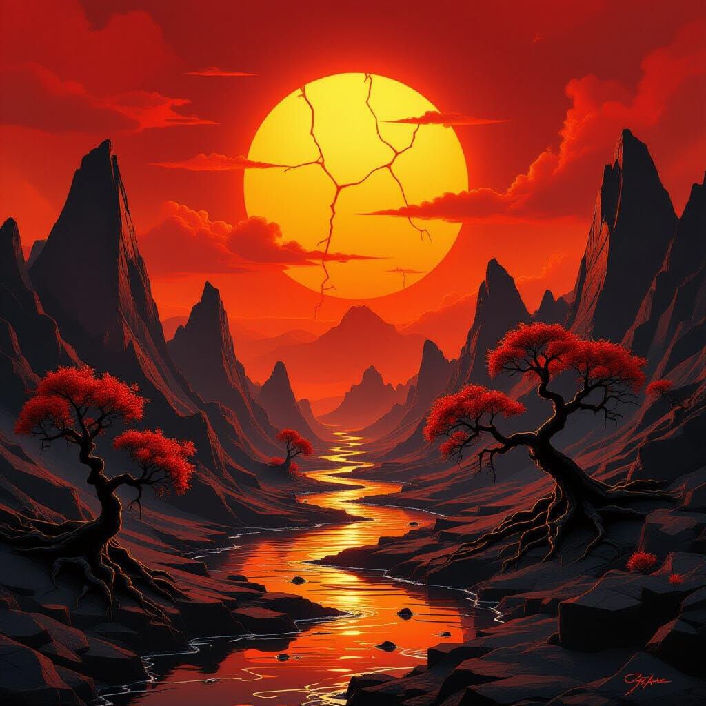 A surreal dreamscape where the sky burns with deep orange-red hues, casting an ethereal glow over jagged ...  by @EsterJasmine