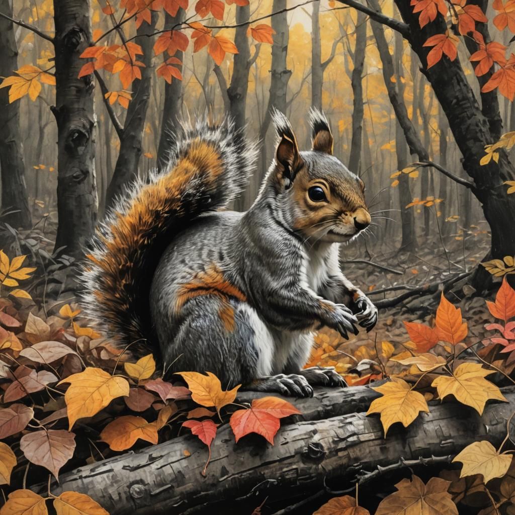 squirrel in forest,  in colors red, orange, yellow, closeup
