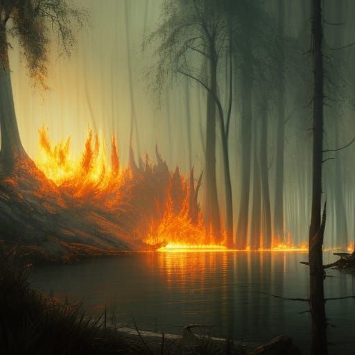 burning forest by a lake