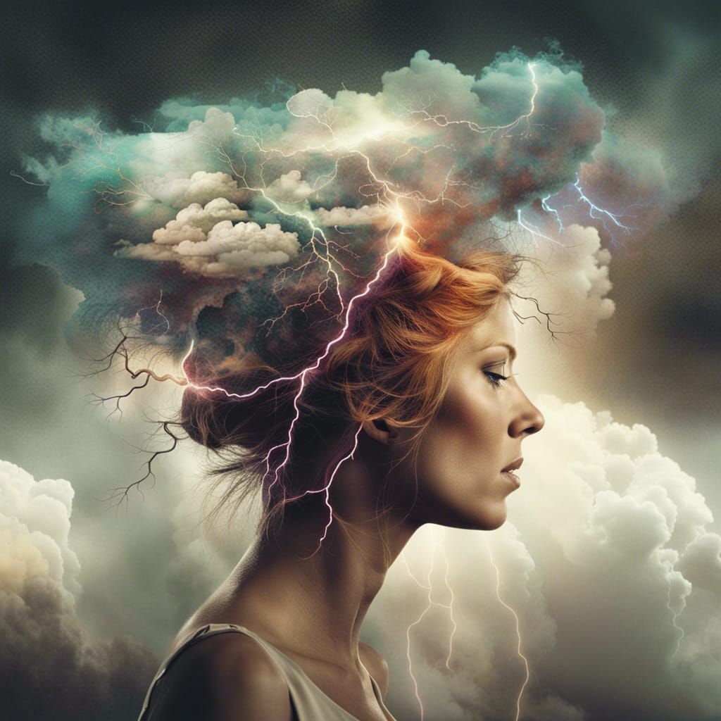 Lightning scape in a woman’s mind, Complicated double exposure Painting ...