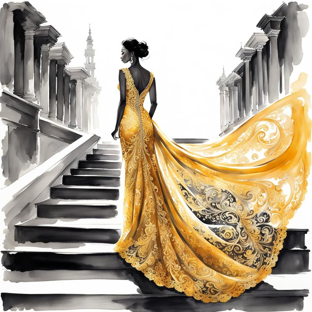 beautiful woman in bright golden lace dress   by @Runaway Psychologist