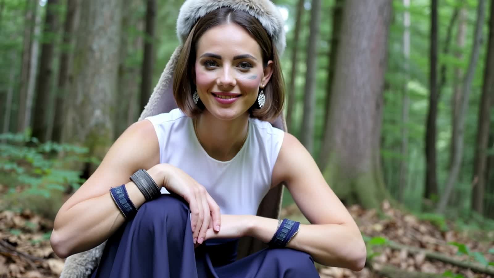 score_9, score_8_up, score_7_up,  san, 1girl, full body, squatting, solo, short hair, brown hair, gray eyes, headband, f...