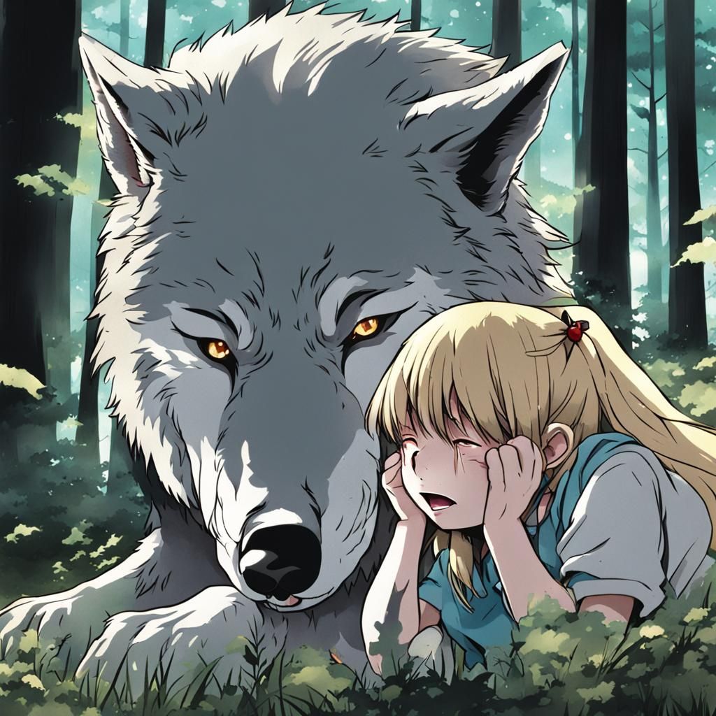 Wolf Comforts Crying Girl: Anime Style
