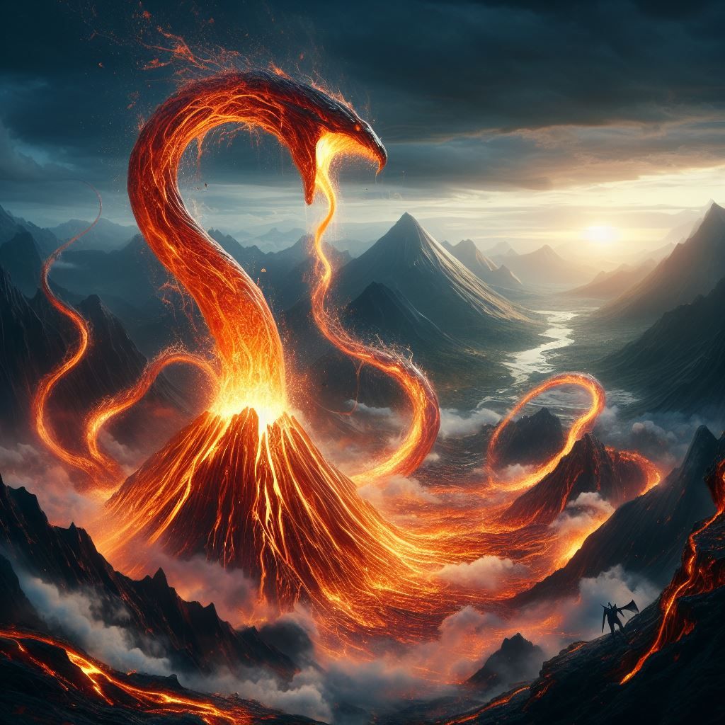 giant lava snake coming out of erupting volcano