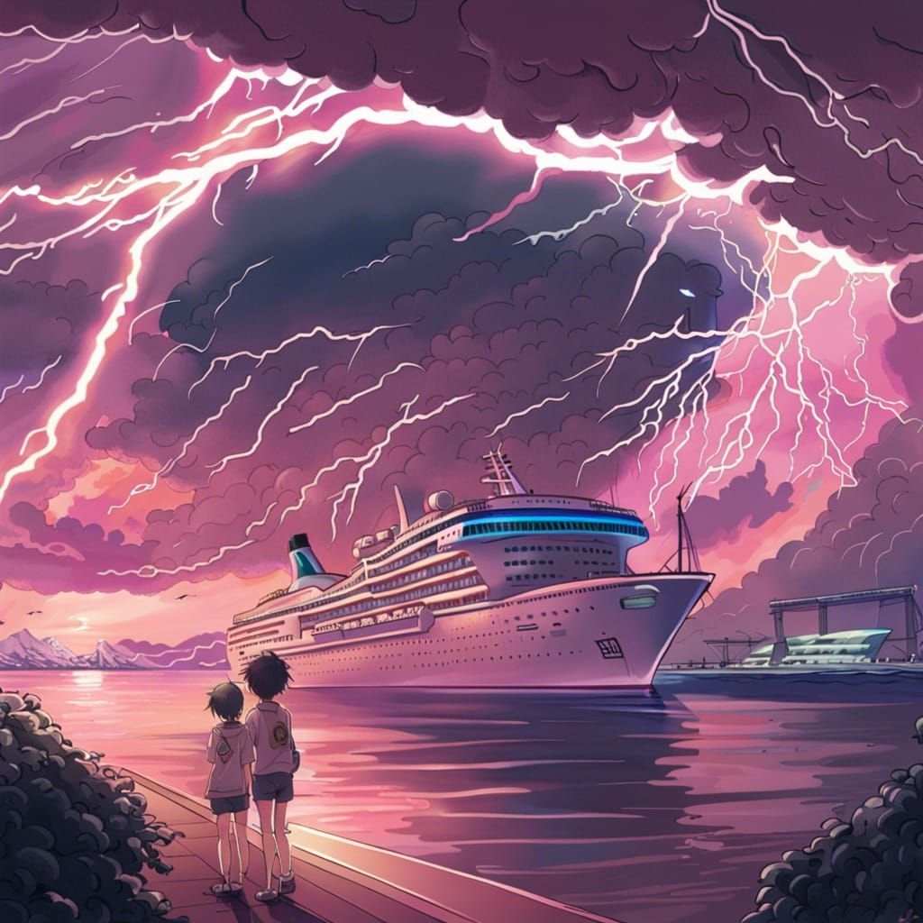 insanely detailed lightning storm with a pink and orange sky...