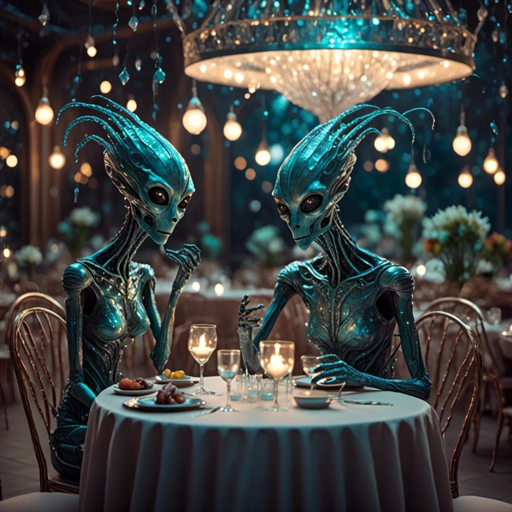 Two aliens on a date in a fancy restaurant. <lora:Expresso Shot:1.0> 
