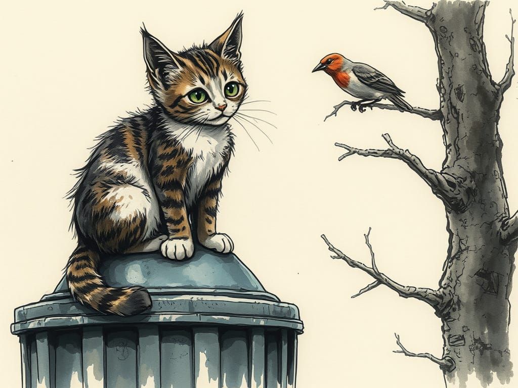 Whiskered Hunter in Gloomy Urban Landscape