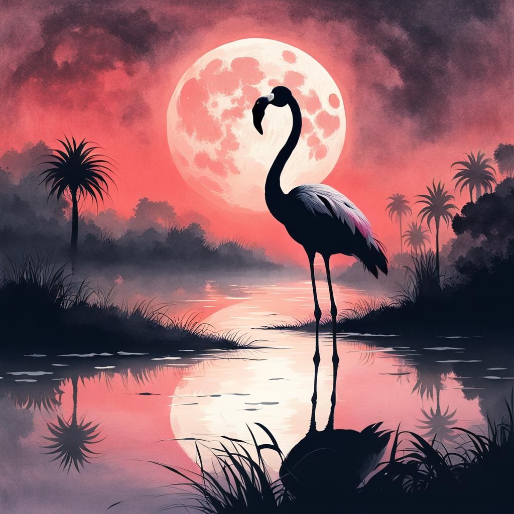 A lonely flamingo under the moon #2