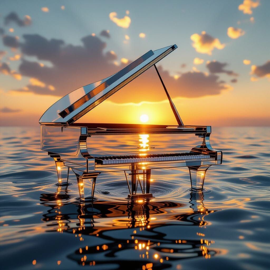 Glass Grand Piano Floating on Water at Sunset