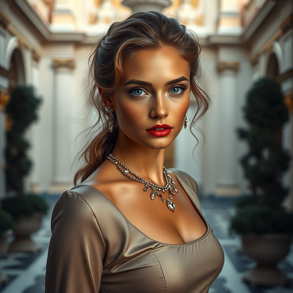 Elegant Woman in Palace Courtyard, Cinematic Lighting