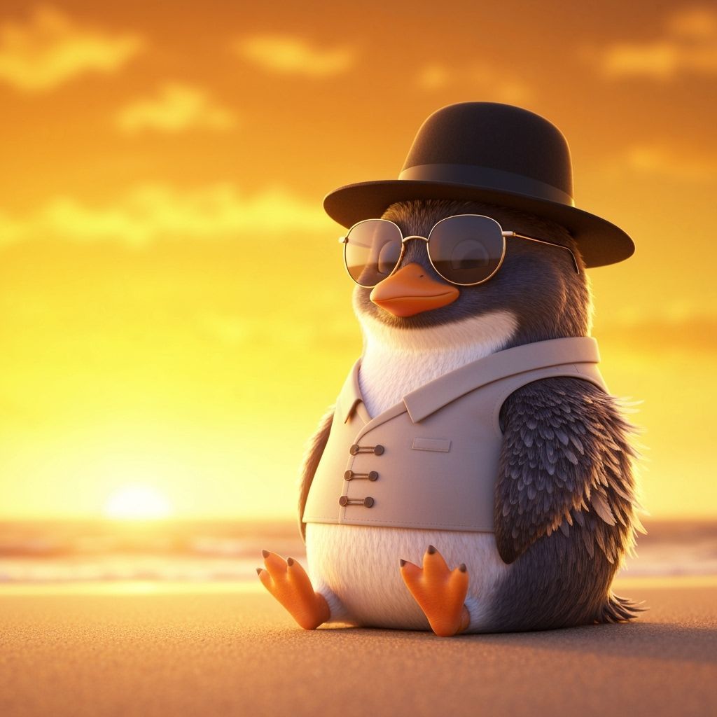 Penguin in Jewish Attire on a Golden Beach, 3D Render