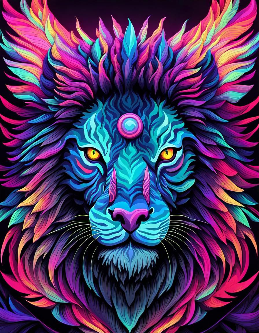 (mythical griffin with burning feathers and lion mane in psychedelic