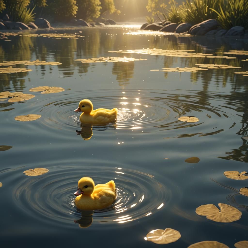 Rubber Duckling and Real Duckling in Serene Lake