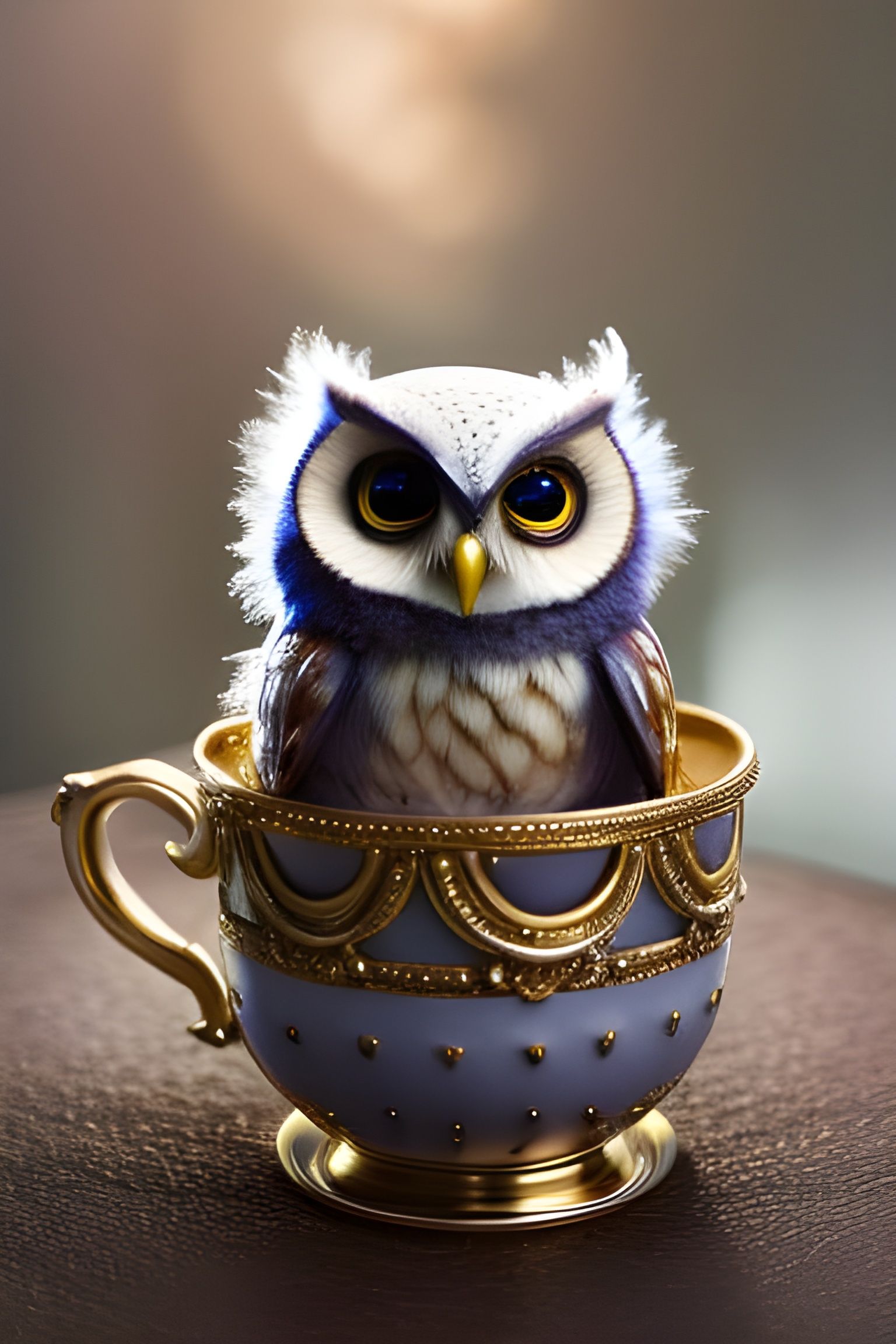 Chibi Owl in Teacup, Detailed 3D Art