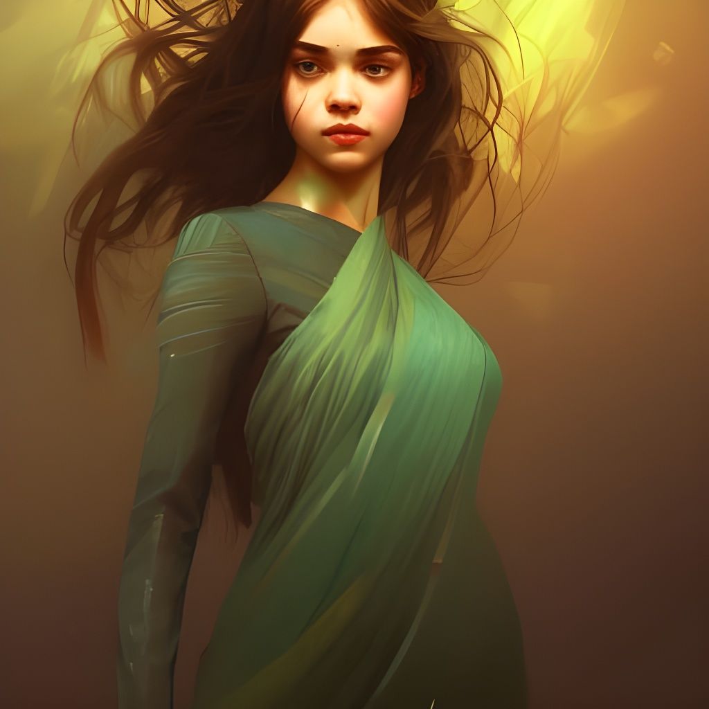 India Eisley, dark green and orange dress - AI Generated Artwork ...