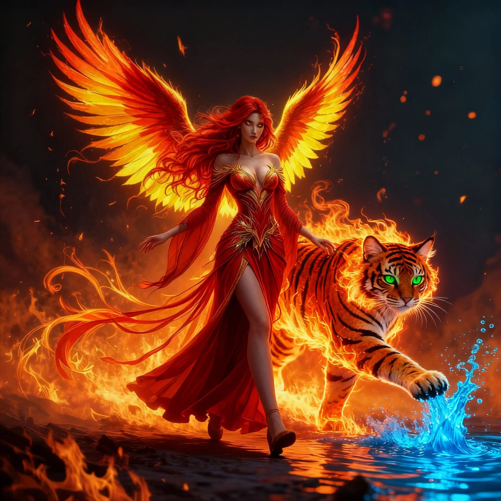 combine the picture of the fiery woman with the fiery  tiger as they are walking side by side
