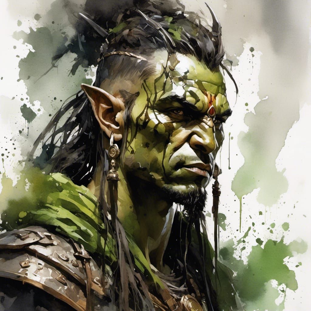 <lora:DWCDark:1.0> Epic orc shaman warrior character portrait, character introduction panel, tough green skin, watercolour splash backdrop,...