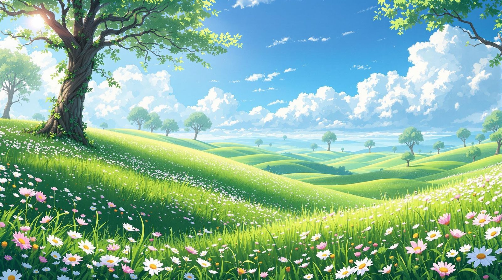 Whimsical Anime-Inspired Landscape with Vibrant Wildflowers ...