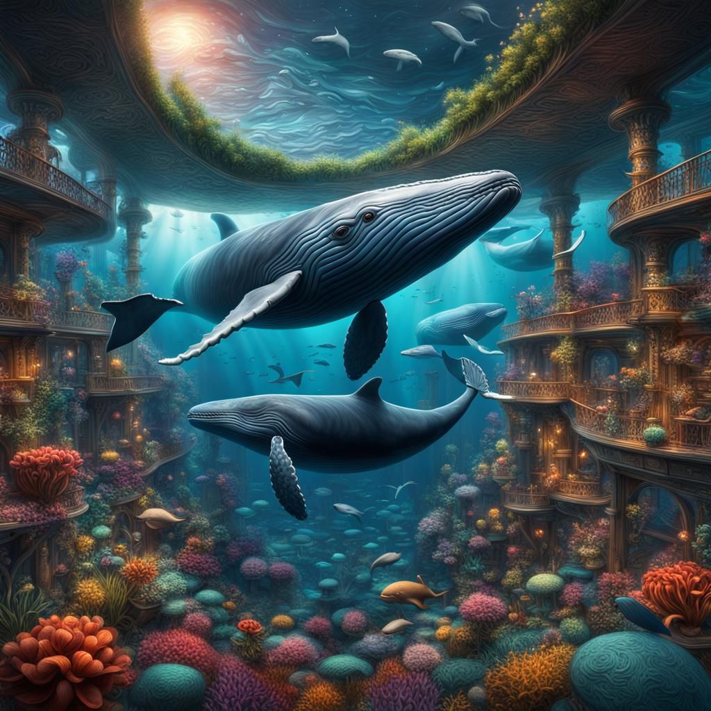 Whimsical whales wander widely within colorful utopian worlds - AI ...