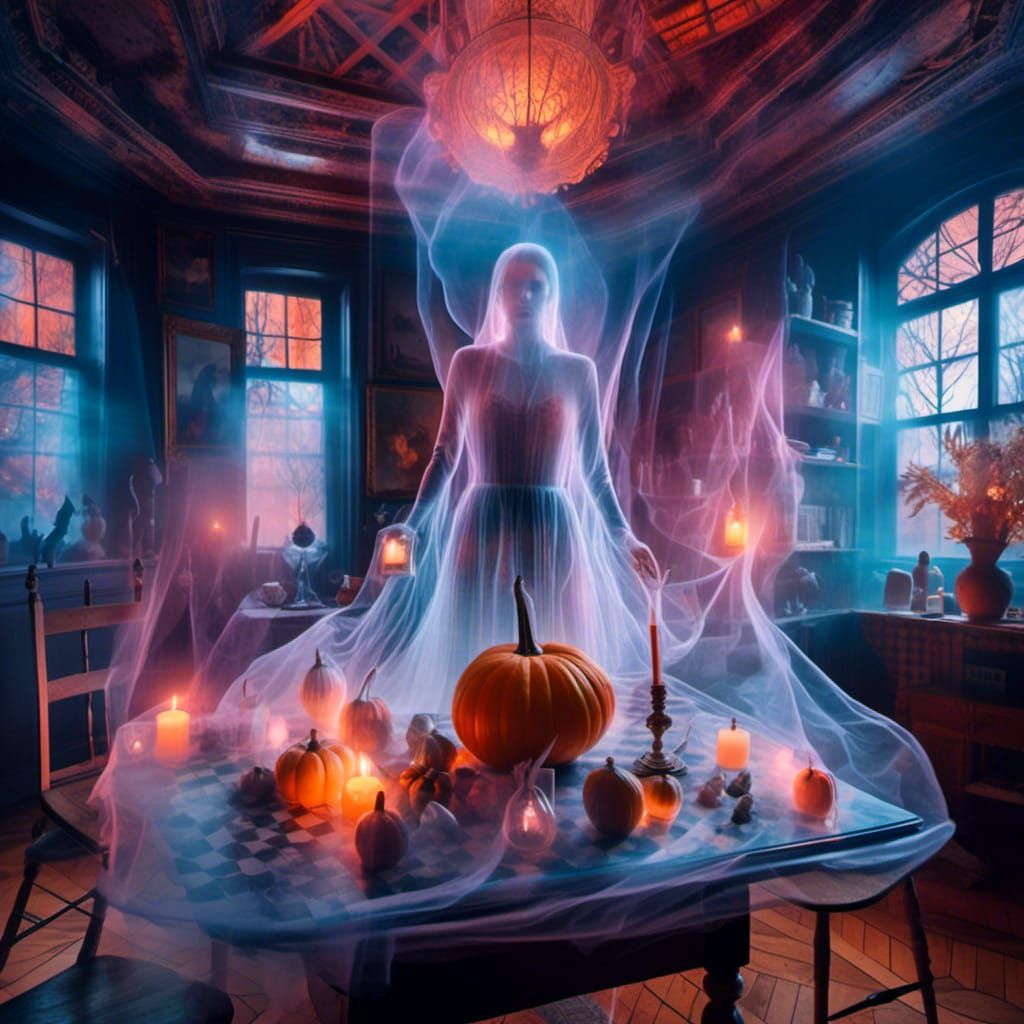 <lora:Ghostly effect:1.0> Lit up neon outlined Gourds on a g...