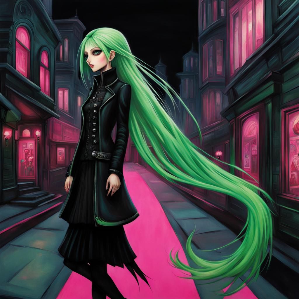 Walking in the windy street goth punk woman with very long s...