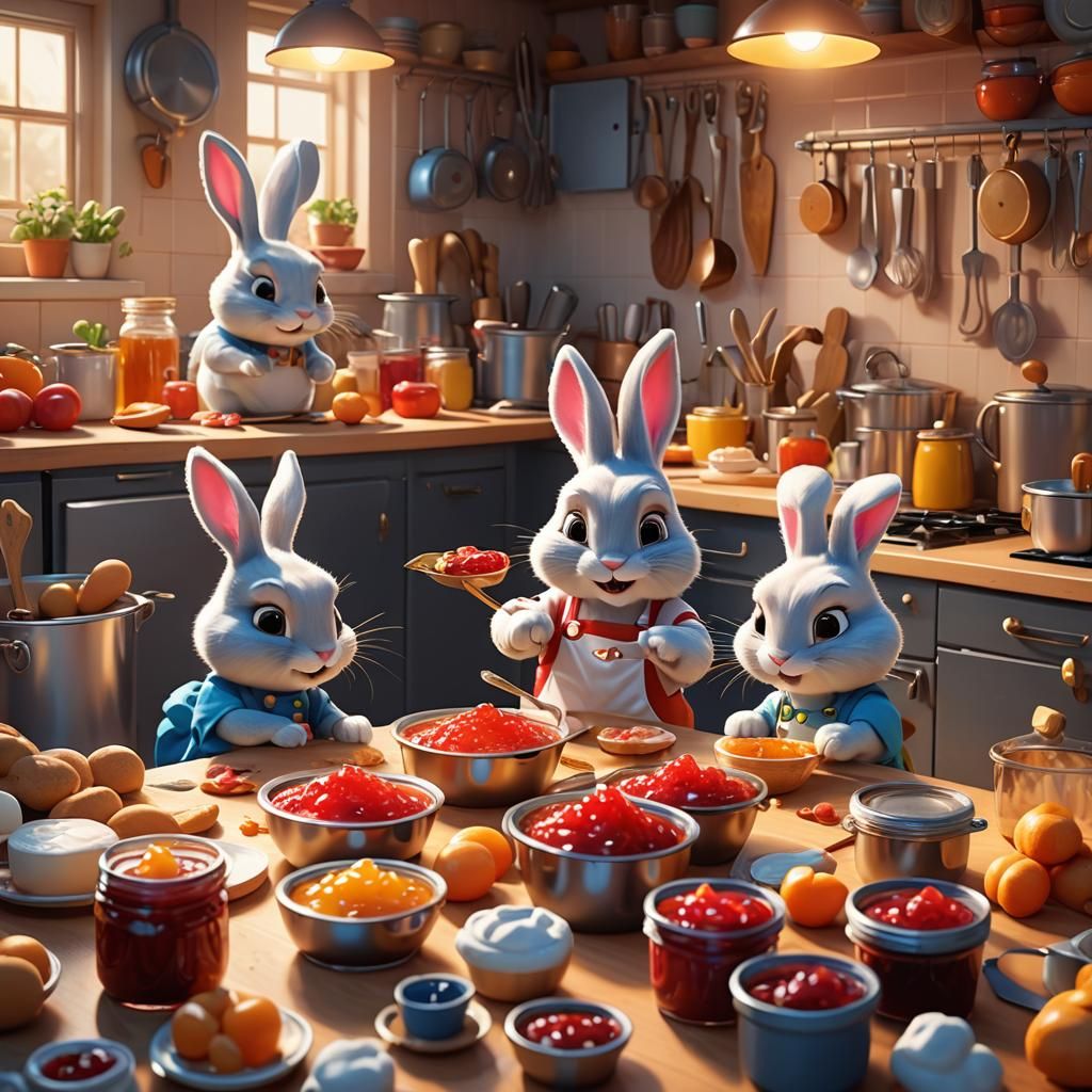 Cartoon bunnies making jam in a cute house