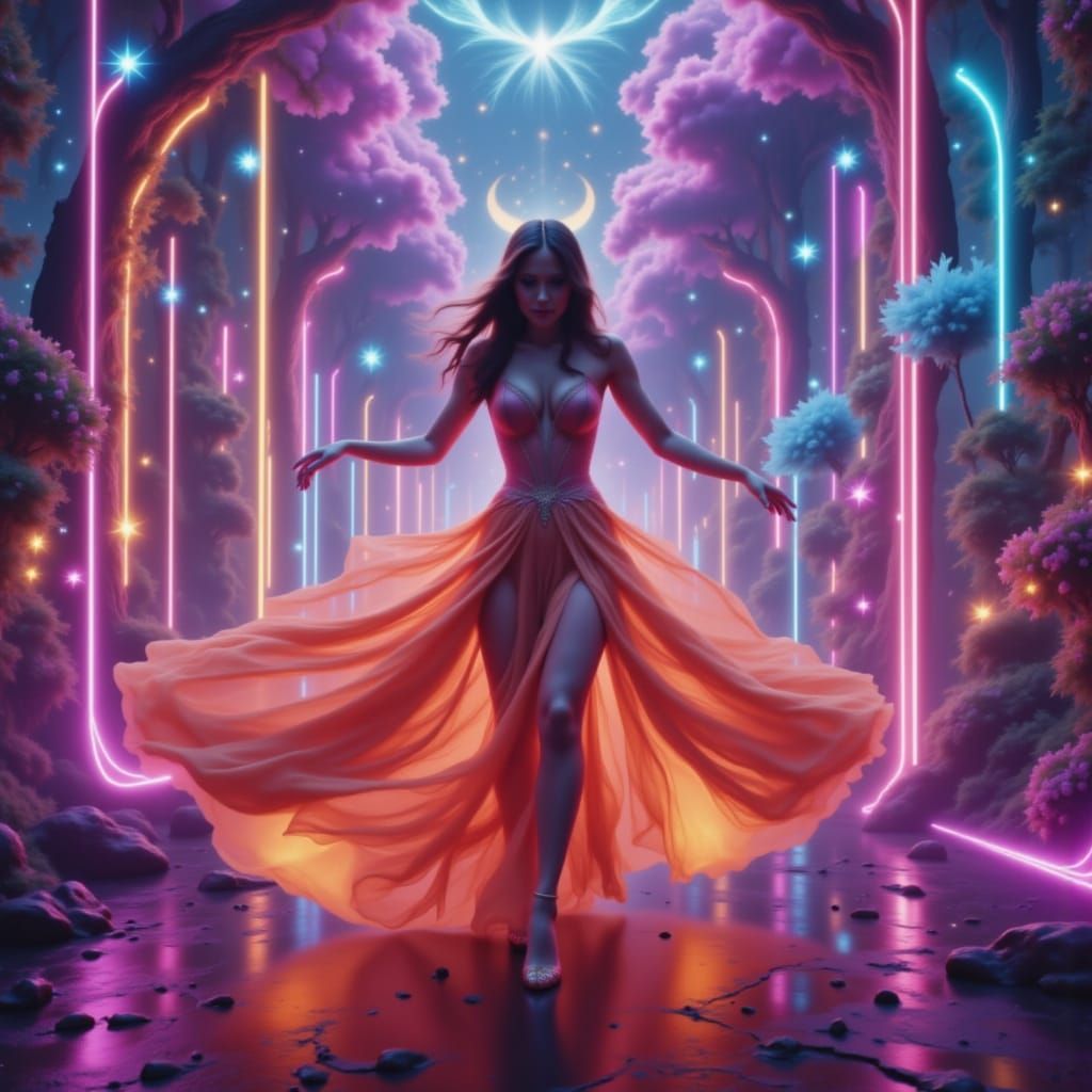 Fashion woman dance elaborate dress colorful neon fantasy location <lora:Dancer Lumina:1.0>