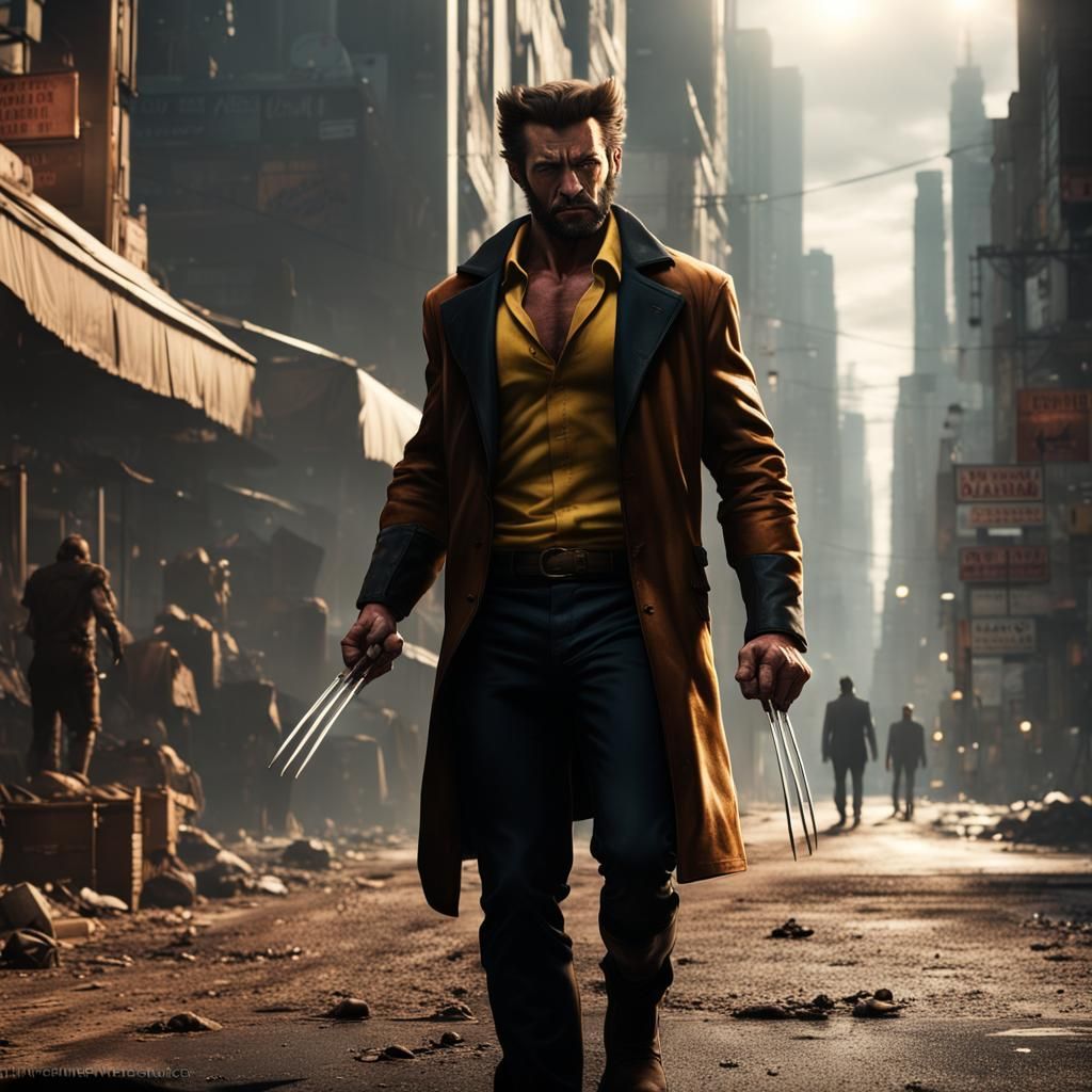 Logan as wolverine smoking a cigar, walking through tech noir age city ...