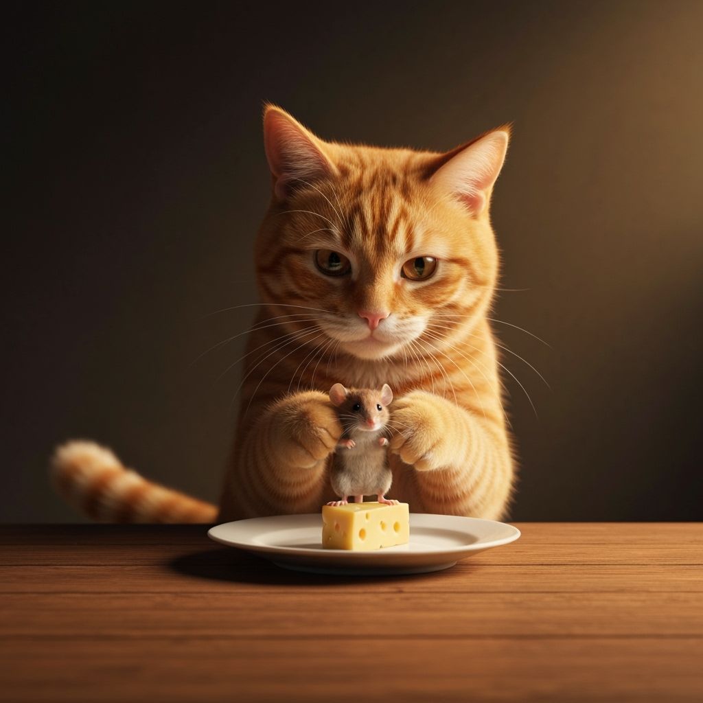 Ginger Cat Lifts Mouse to Reach Cheese on Table