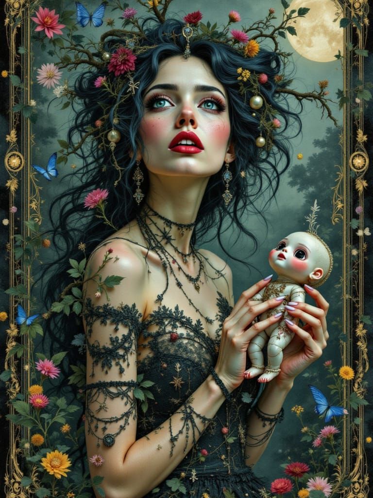 "A bewitching Voodoo sorceress with wide, sparkling eyes, filled with ancient Voodoo symbols that seem to dance like stars in the night sky....