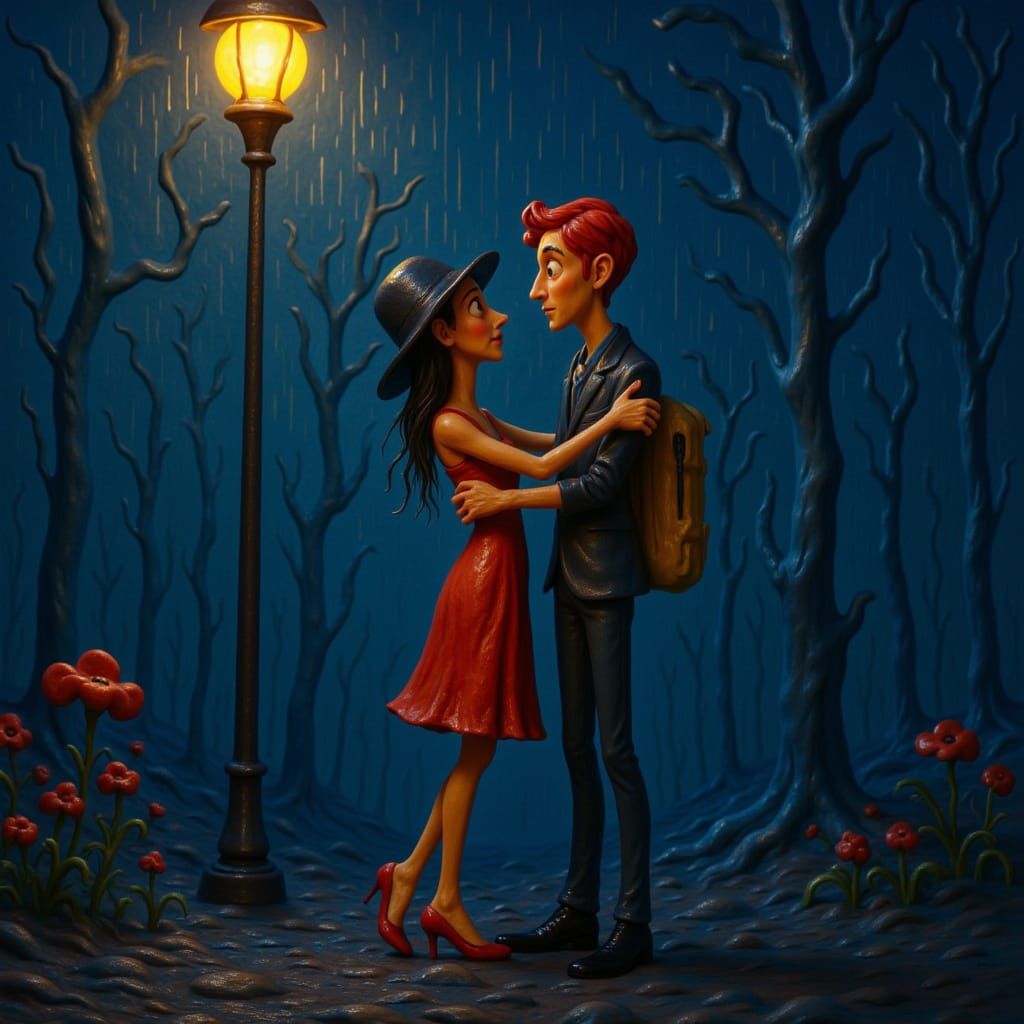 <lora:-DysTurbd ClayMtn-:1.0> Portrait of a couple in love under a streetlight in the rain.