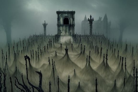 view from high vantage  of dead_hedge_labyrinth-maze surrounding crumbling haunted castle, ethereal ghosts and spirits i...