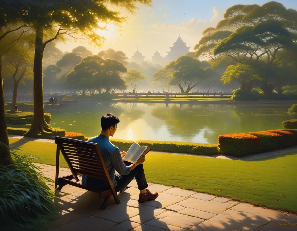 A young Asian man sitting in the park reading a book in early morning, breathtaking view, perfect sunrays, correct hands...