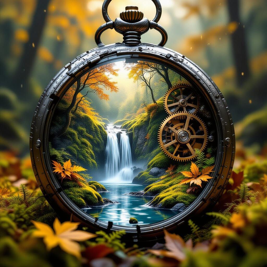 Inside the cracked dial of an antique pocket watch, between rusty gears, lies a luxurious autumn waterfall. Vibrant moss and tiny ferns grow...