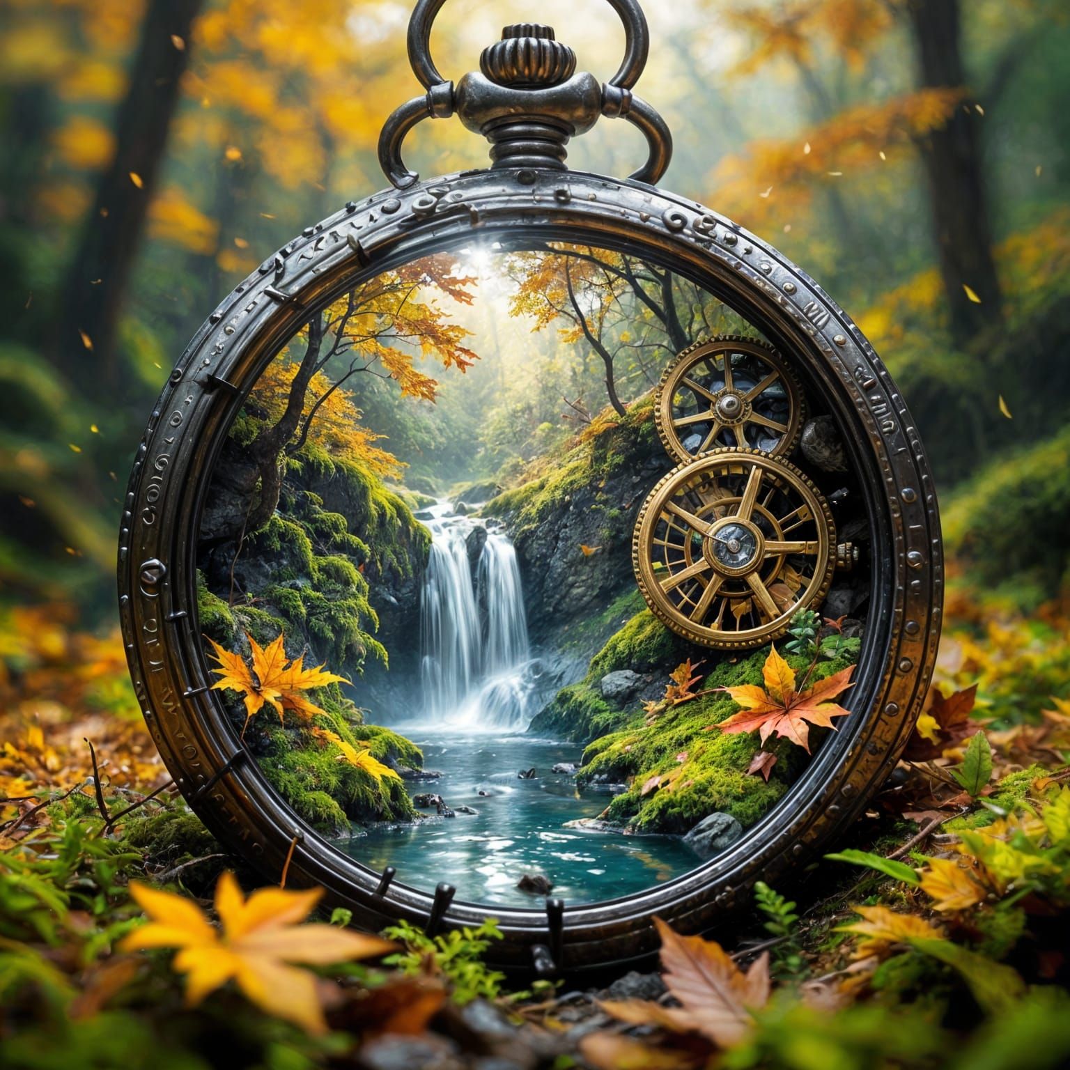 Inside the cracked dial of an antique pocket watch, between rusty gears, lies a luxurious autumn waterfall. ...  by @Schoor