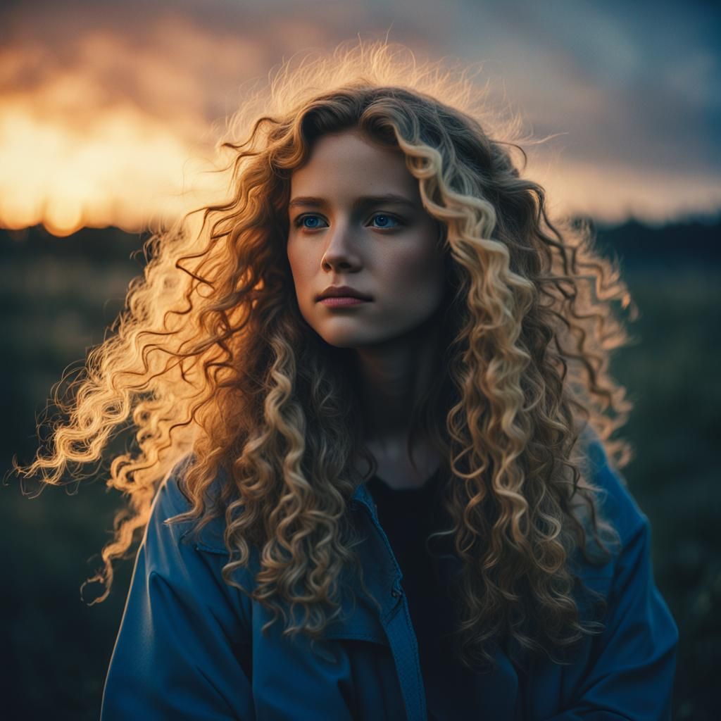 Women with Long Blonde Curly Hair Blue Sunset Beautiful